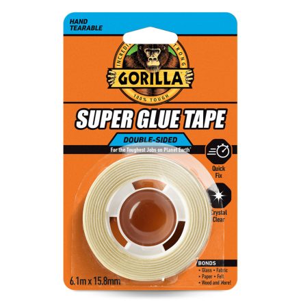 Gorilla SUPER GLUE Tape Kristálytiszta Kétoldalas Ragasztószalag 15,8mm x 6,1m