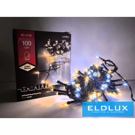 WISDOM fényfüzér meleg+hideg fényű 100LED 5m zöld kábellel 8 fun. IP44