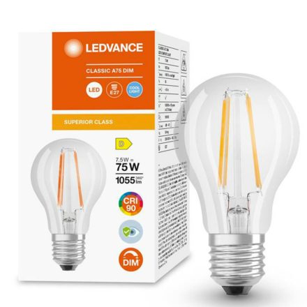 E27 A60 LED izzó 7,5 W = 75 W 1055 lm 4000 K Semleges 300° CRI90 Izzószálas, szabályozható LEDVANCE Superior