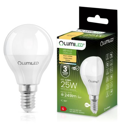 E14 P40 LED izzó 2.5W = 25W 249lm 3000K Meleg 180° LUMILED