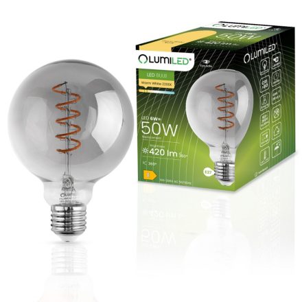 Dekoratív gömb alakú LED izzó E27 G95 6W = 50W 420lm 2200K meleg 360°-os izzószál LUMILED GLOBE Smokey