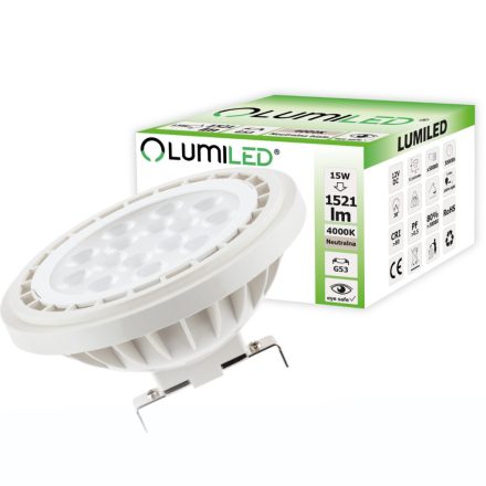 G53 AR111 LED izzó 15W = 100W 1521lm 4000K Semleges 38° 12V LUMILED