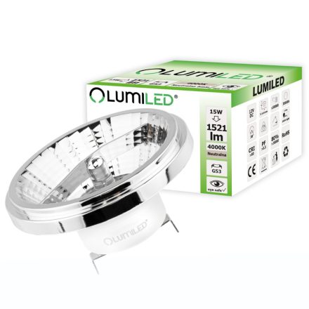 G53 AR111 LED izzó 15W = 100W 1521lm 4000K Semleges 24° 12V DC Ezüst LUMILED