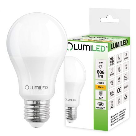 LED izzó E27 A60 8W = 60W 806lm 3000K 260° LUMILED