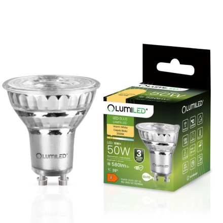 GU10 LED izzó 6W = 50W 580lm 3000K meleg 38°-os üveg LUMILED