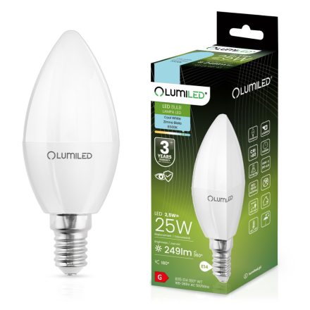 LED CANDLE izzó B35 E14 2.5W = 25W 249lm 6500K Hideg 180° LUMILED