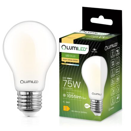 E27 A60 LED izzó 8W = 75W 1055lm 3000K 360°-os izzószál opál LUMILED