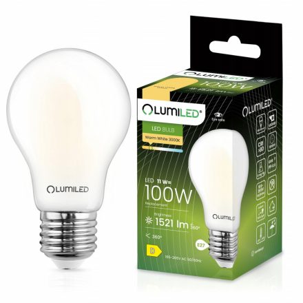 E27 A60 LED izzó 11W = 100W 1521lm 3000K meleg 360°-os filament tejszerű LUMILED