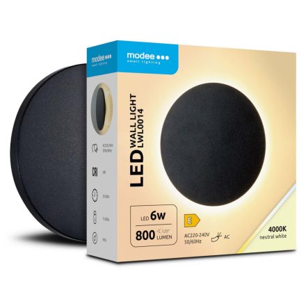 Modee LED Fali Lámpa (LWL0014) 6W IP65 D130x42mm 4000K (800 lumen) Fekete