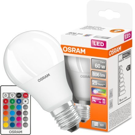 E27 A60 LED izzó 9W = 60W 806lm RGBW 180° OSRAM Star + REMOTE