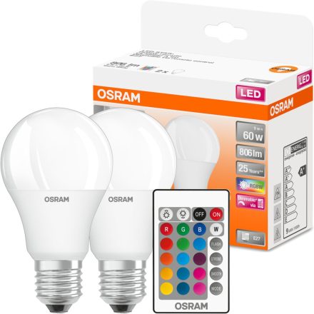 2x LED izzó A60 E27 9W = 60W 806lm RGBW 180° OSRAM Star + Távirányító