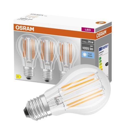 3PAK LED izzó E27 A60 CL 7,5W = 75W 1055lm 4000K semleges 300°-os izzószál OSRAM ALAP