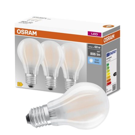 3PAK LED izzó E27 A60 6,5W = 60W 806lm 4000K semleges 300°-os izzószál OSRAM ALAP