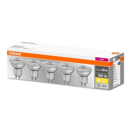 5PAK GU10 LED izzó 4.3W = 50W 350lm 2700K meleg 36° OSRAM alap