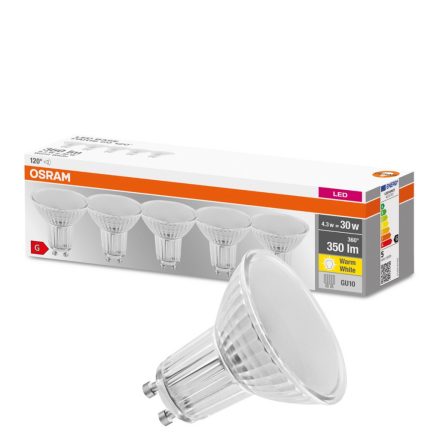 5PAK GU10 LED izzó 4.3W = 50W 350lm 2700K meleg 120° OSRAM alap