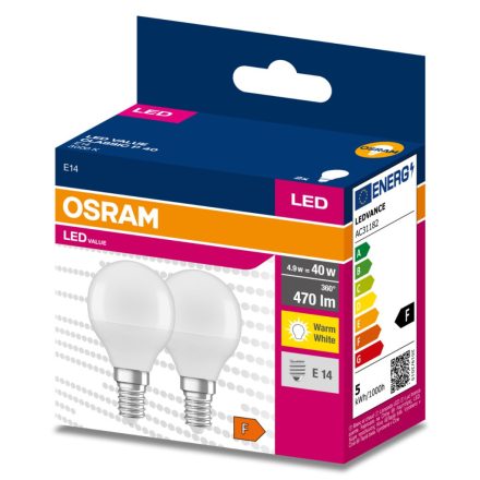 2db LED izzó E14 P45 4.9W = 40W 470lm 3000K 200° OSRAM 