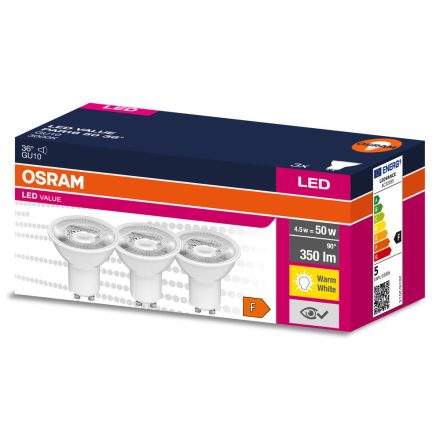 3PAK LED izzó GU10 4.5W = 50W 350lm 3000K meleg 36° OSRAM érték