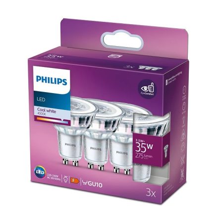 3x LED halogén izzó készlet GU10 PAR16 3.5W = 35W 275lm 4000K Semleges 36° PHILIPS