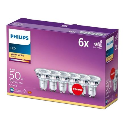 6x LED halogén izzó készlet GU10 PAR16 4.6W = 50W 355lm 2700K Meleg 36° PHILIPS