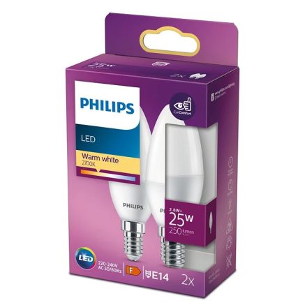 2x LED gyertyakörte készlet E14 B35 2,8W = 25W 250lm 2700K meleg PHILIPS