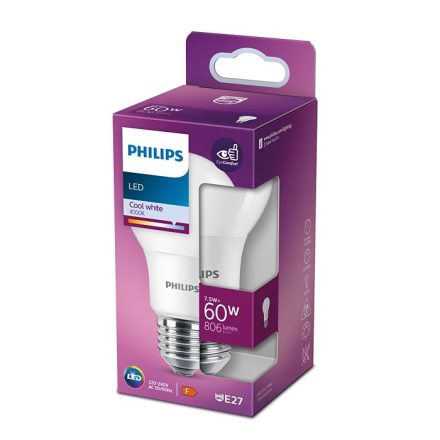 E27 A60 LED izzó 7.5W = 60W 806lm 4000K Semleges 200° PHILIPS