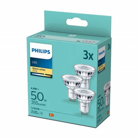 3PAK LED izzó GU10 4.6W = 50W 355lm 2700K Meleg 36° PHILIPS