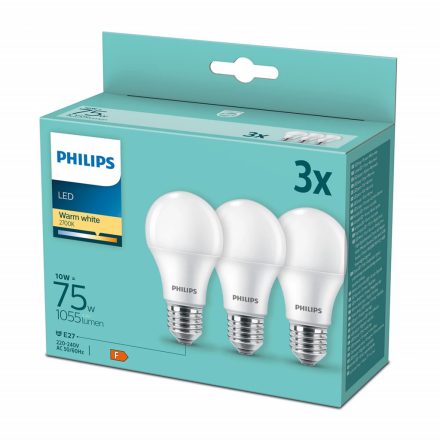 3PAK LED izzó E27 A60 10W = 75W 1055lm 2700K meleg PHILIPS