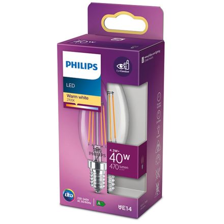 LED izzó E14 B35 4.3W = 40W 470lm 2700K  izzószál PHILIPS