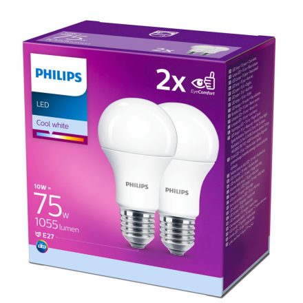 2PAK LED izzó E27 A60 10W = 75W 1055lm 4000K Semleges 200° PHILIPS