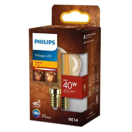 LED golyós izzó E14 P45 6W = 40W 470lm 1800K meleg izzószál borostyán PHILIPS