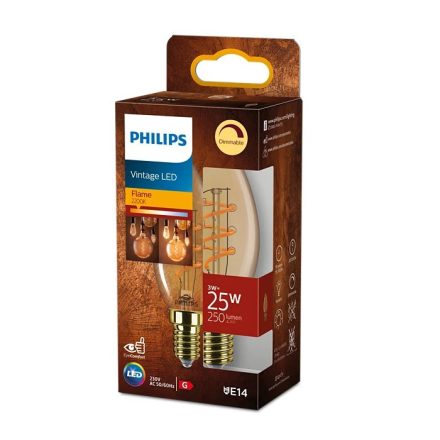 LED-es gyertyakörte E14 B35 3W = 25W 250lm 2200K meleg izzószál borostyán PHILIPS szabályozható