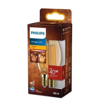 LED-es gyertyakörte E14 B35 6W = 40W 470lm 1800K meleg izzószál borostyán PHILIPS