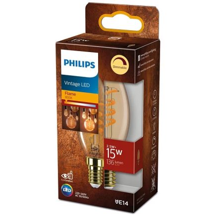 LED-es gyertyakörte E14 B35 2,5W = 15W 136lm 1800K meleg izzószál borostyán PHILIPS szabályozható