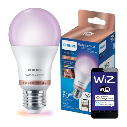 E27 A60 LED izzó 8,5 W = 60 W 2200-6500K TW + RGB SMART WiFi Philips WiZ