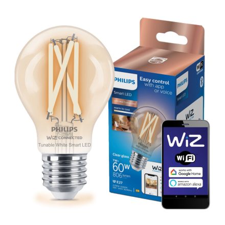 E27 A60 LED izzó 7W = 60W 2700-6500K SMART FILAMENT WiFi Philips WiZ