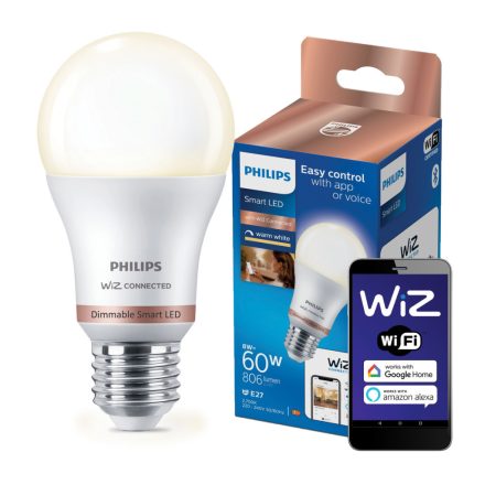 E27 A60 LED izzó 8W = 60W 806lm 2700K meleg SMART WiFi Philips WiZ