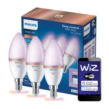 3x E14 C37 LED izzó 4,9 W = 40 W 2200-6500|RGB SMART WiFi Philips WiZ