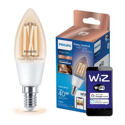 E14 C35 LED izzó 4,9 W = 40 W 2700-6500K FILAMENT SMART WiFi Philips WiZ