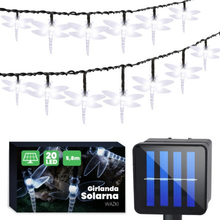 Solar Girland Garden DECORATIVE Light Chain 20 LED átlátszó szitakötők, hideg színben