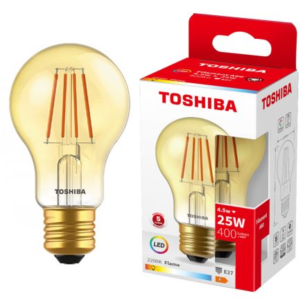 E27 A60 LED izzó 4,5W = 25W 400lm 2200K meleg izzószál borostyán TOSHIBA