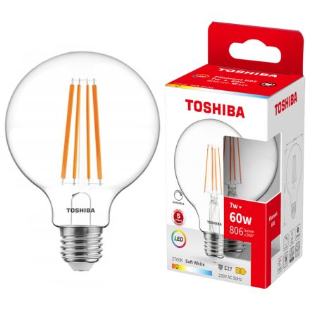 LED izzó E27 G95 7W = 60W 806lm 2700K meleg izzószál szabályozható TOSHIBA