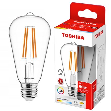 E27 ST64 LED izzó 7W = 60W 806lm 2700K meleg izzószál, szabályozható TOSHIBA