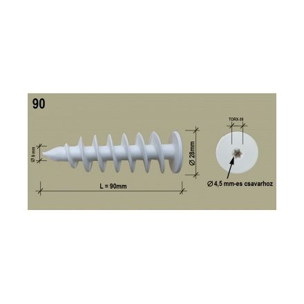 Polisztirol dűbel 90 csavarmenetes 10 cm szigeteléshez