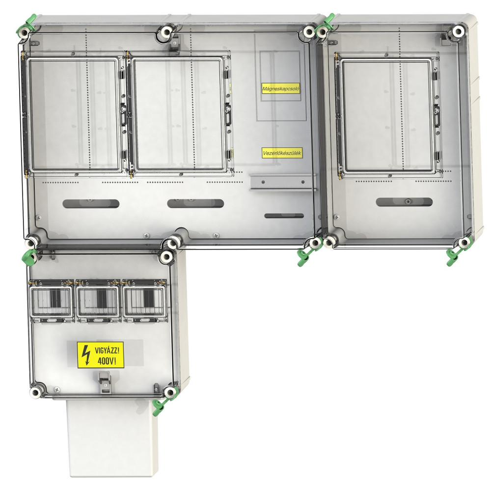 PVT 7590 Á-V-H Fm-K fogyasztásmérő szekrény, 1 vagy 3 fázisú általános és vezérelt és H-tarifás méréshez, földkábeles csatlakozás